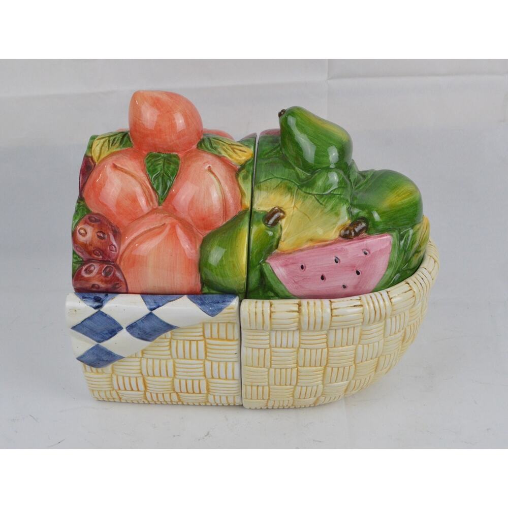 Susan Winget Certified Int’l Fruit Ceramic Basket Cookie Jar Canister Set 2